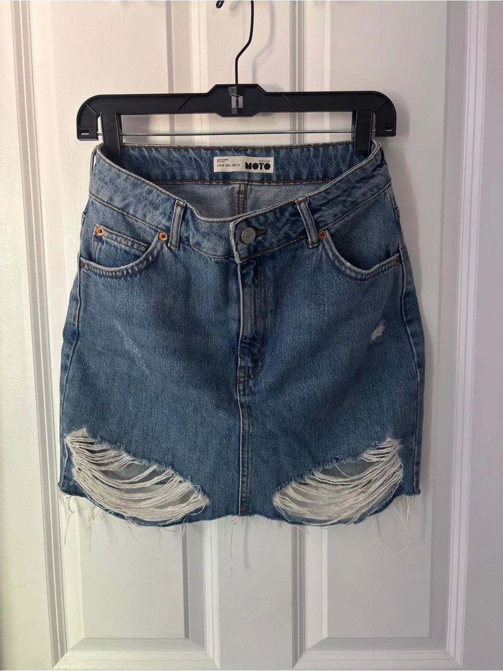 Topshop Blue Distressed Denim Mini Skirt